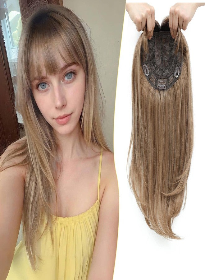 PANEWAY Hair Topper With Bangs Straight 18inch Toppers 6.5“ ×6.5” Base Premium Synthetic Hair Pieces For Women-Light Brown with Dark Root - Image 1